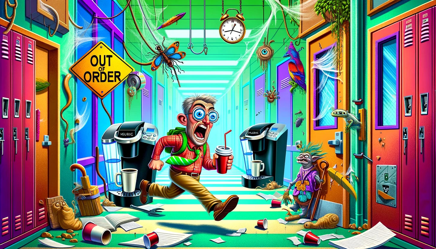 A vibrant and cartoonish scene in a school setting, showcasing a frazzled teacher mid-sprint, with wide eyes filled with desperation and determination, clutching an empty coffee cup. The background is a humorous blur of classroom doors, each presenting absurd obstacles: a lock covered in cobwebs, a 'Out of Order' sign on a Keurig machine being consoled by another appliance, and a custodian enjoying a lavish lunch with mythical creatures. The path is strewn with scattered papers and k-cups, l...