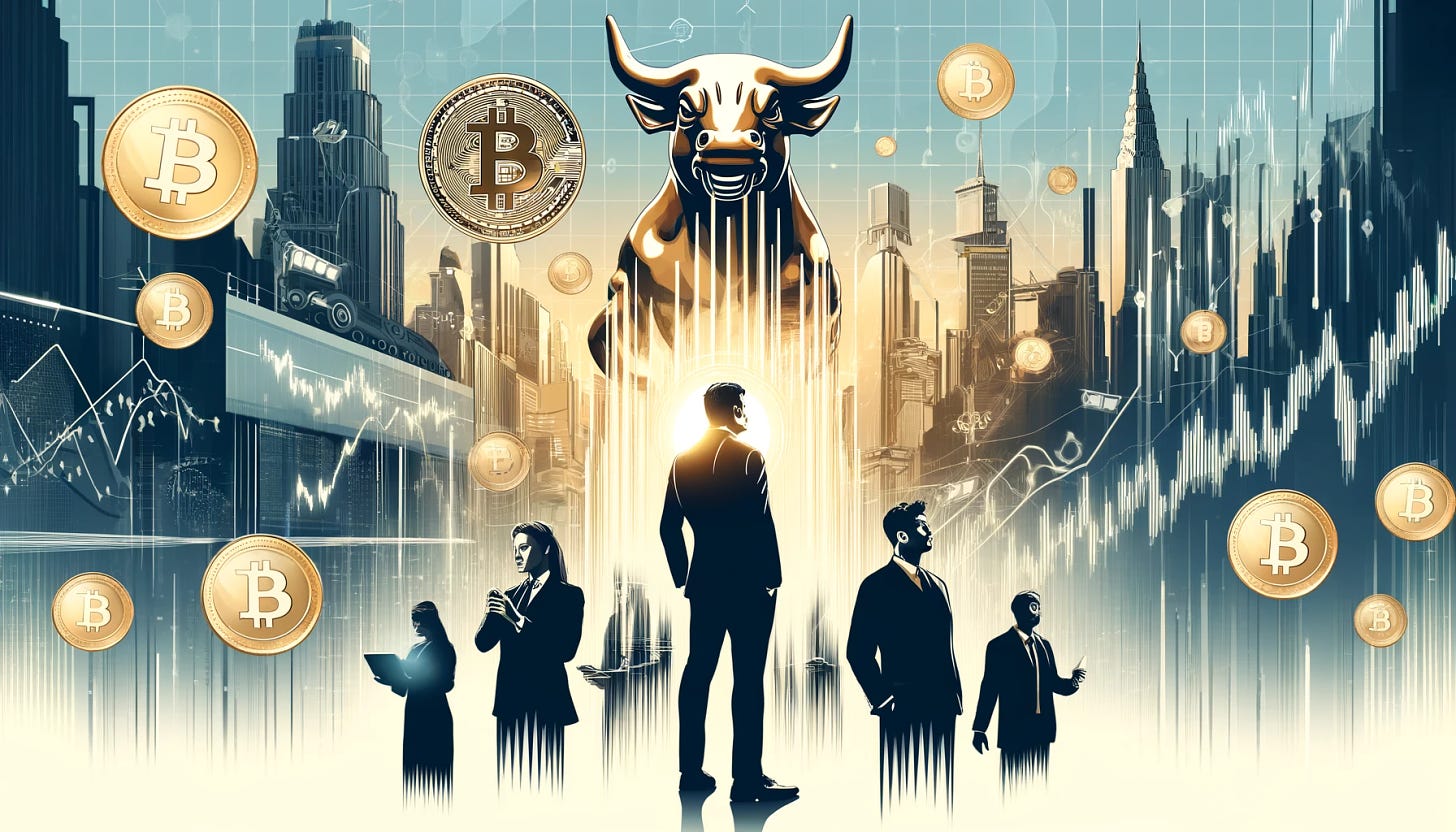 Design a light-colored, 16:9 movie poster inspired by 'The Wolf of Wall Street,' merging it with the theme of modern financial revolution through tokenization and blockchain. The poster should have a sophisticated, yet edgy vibe, featuring iconic Wall Street imagery (like the Charging Bull) alongside futuristic elements such as digital currency symbols (Bitcoin, Ethereum) and holographic displays of stock market graphs. Include silhouettes of sharply dressed individuals, embodying the spirit of ambitious financiers and tech innovators, all looking up towards a digital skyline that symbolizes the new horizon of finance. The title 'New Era of Wealth: The Blockchain Revolution' should be prominently displayed in a bold, modern font at the top. The color scheme should be bright, with golds, silvers, and blues to convey luxury, innovation, and optimism.