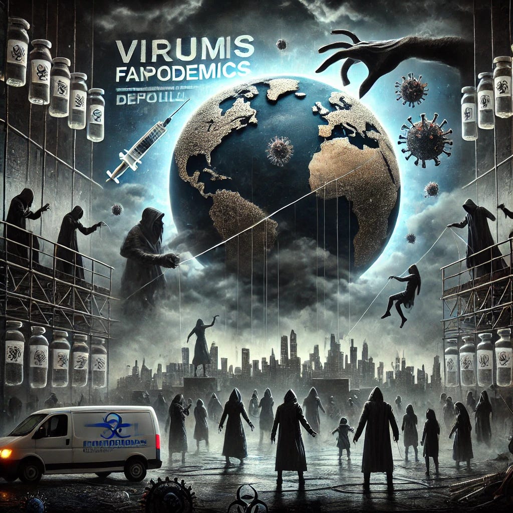 A dark, dystopian scene illustrating a powerful elite class manipulating a global agenda to control humanity through fabricated pandemics. Shadowy figures, representing the elites, are seen pulling strings from a high vantage point, orchestrating the world below. The globe, covered by dark clouds, symbolizes global control. The backdrop features elements of a medical or governmental setting, with large billboards displaying fear-mongering headlines about viruses and vaccines. Lethal syringes are subtly incorporated into the imagery, hinting at depopulation and the manipulation of public perception. The population below is depicted as confused and fearful, with faces obscured by masks and the sense of being trapped in a web of misinformation. A sense of urgency and caution permeates the image, with cold tones and harsh lighting emphasizing the contrast between the hidden motives of the elites and the vulnerable public caught in their narrative.