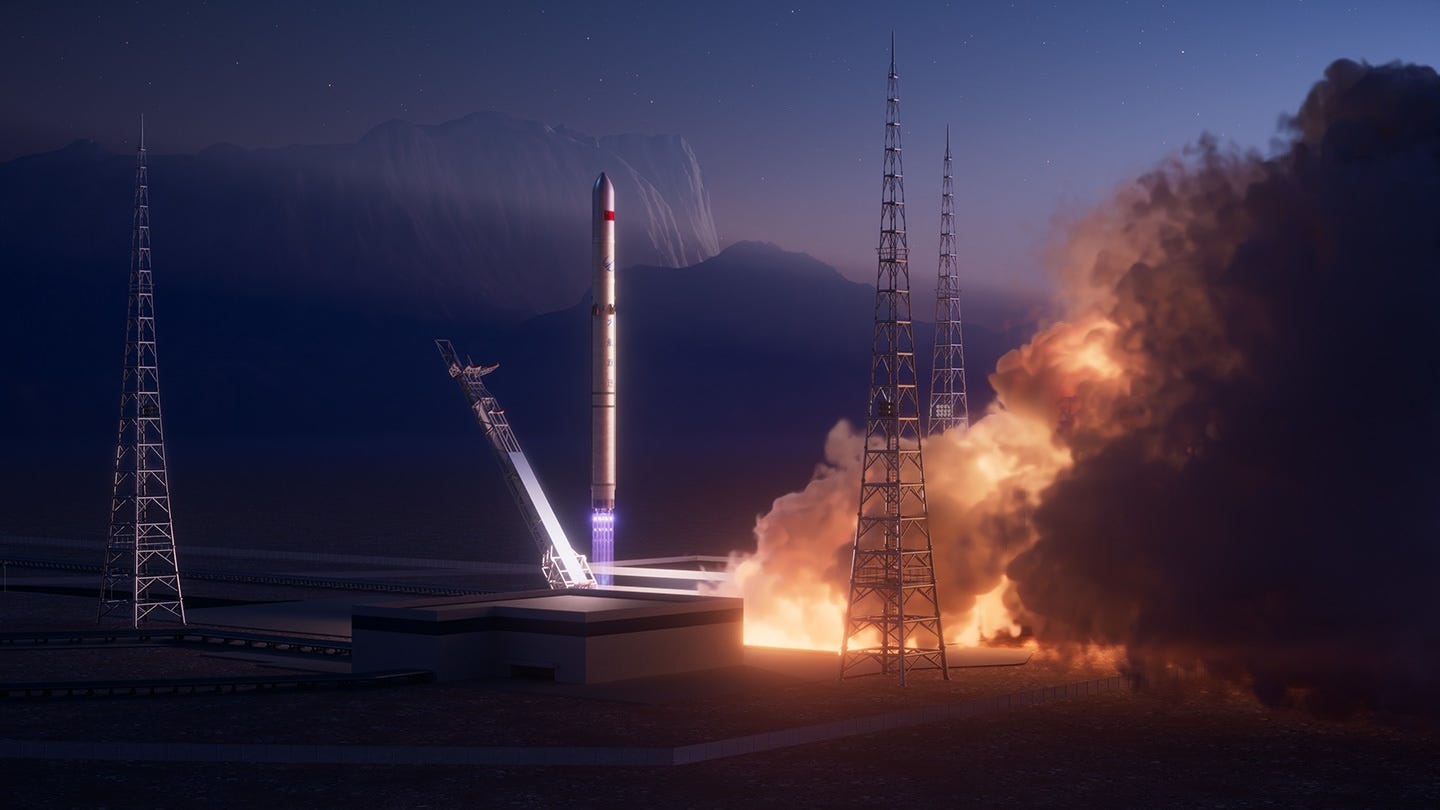 A render of Cosmoleap’s launch vehicle lifting off.