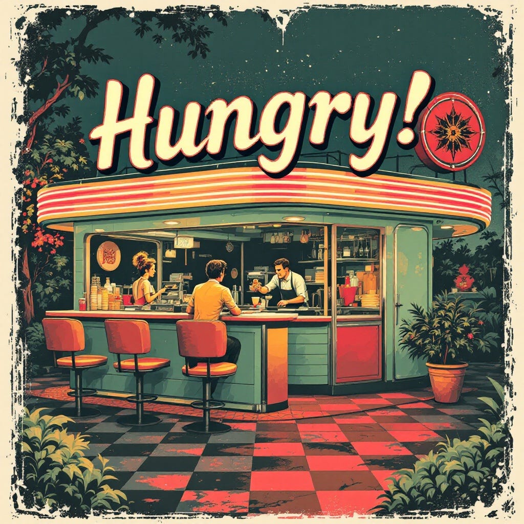 Vintage 1950s poster for a diner with the word "Hungry?"  by FLUX 1.1 pro