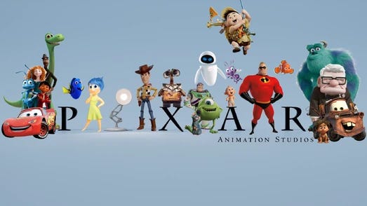 Collection of Pixar's characters with their logo.