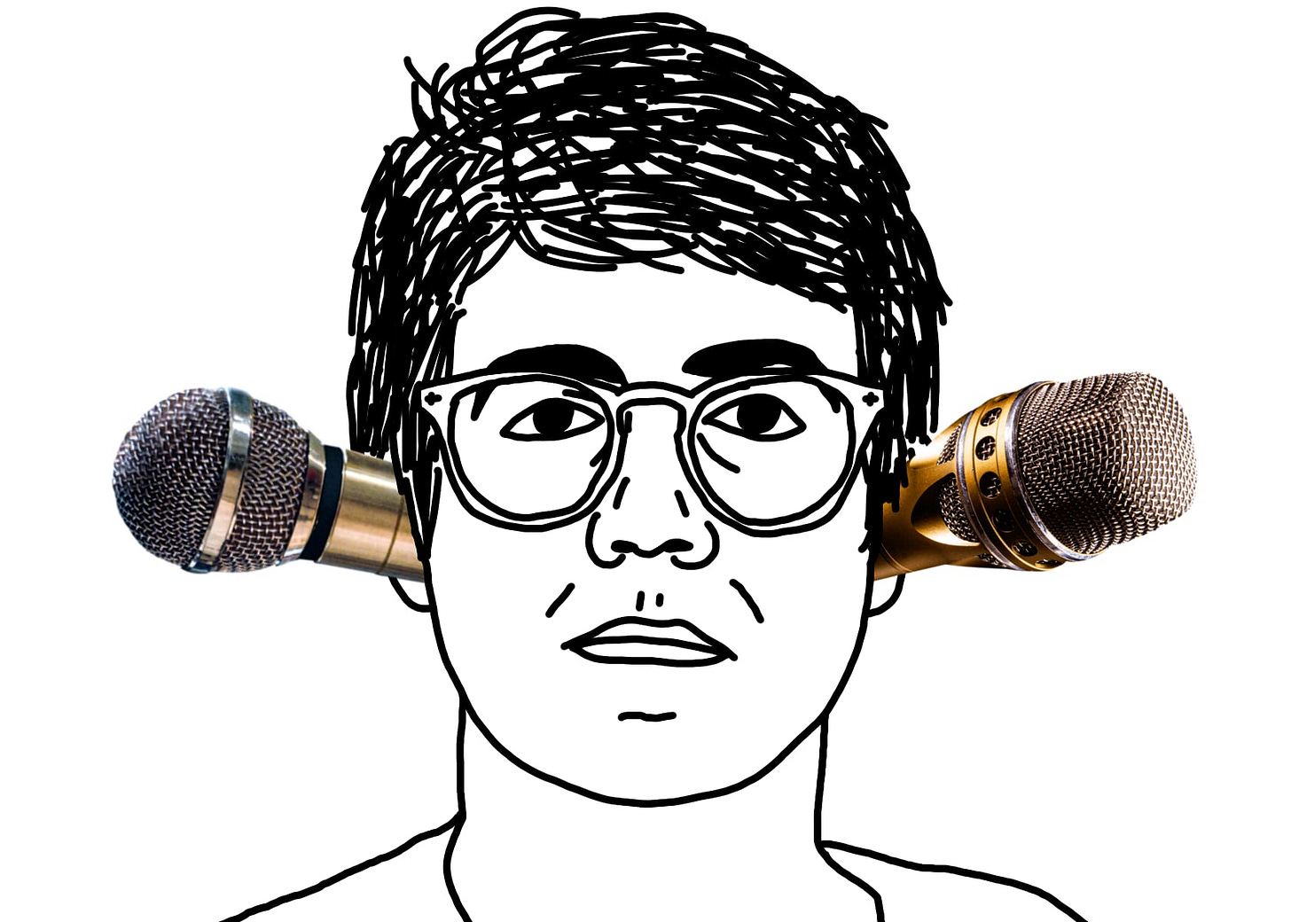 A black line drawing of Alex, the protagonist of "I Hear You Watching." He is white, short messy parted hair, glasses. He stares straight at you, unsmiling. A microphone sticks out of each of his ears.