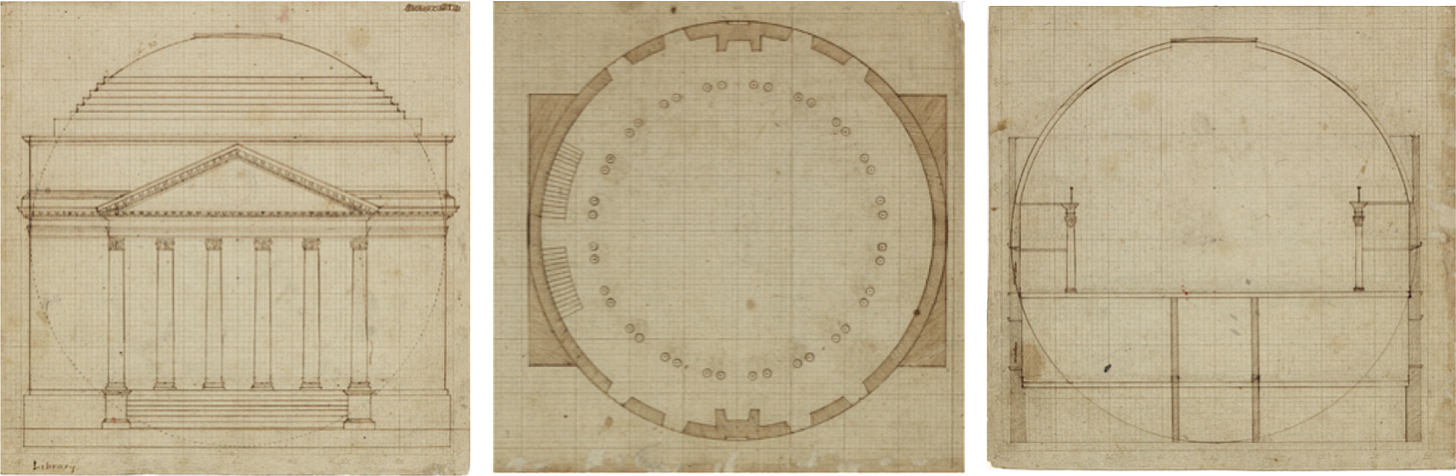 Overhead plan and section/side views of the famous rotunda at UVA, drawn in classical sepia lines.