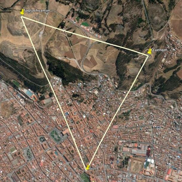 The navel of Cuzco, the horseshoe of Saqsayhuaman and the ritual chamber of Q'uenqo form an isosceles triangle. The navel of Cuzco, the horseshoe of Saqsayhuaman and the ritual chamber of Q'uenqo form an isosceles triangle.