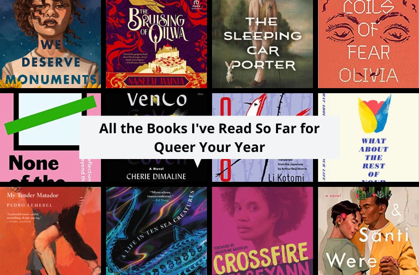 A grid of small cover images of some of the listed books, with ‘All the Books I've Read So Far for Queer Your Year’ in a white text box in the center.