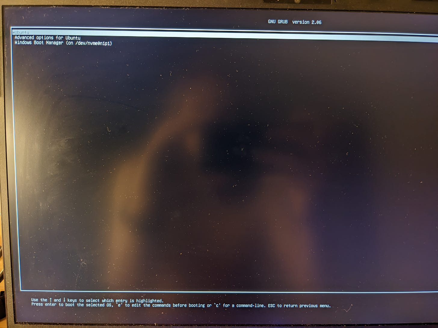 Screenshot of GRUB showing Ubuntu and Windows as options but not BIOS or UEFI