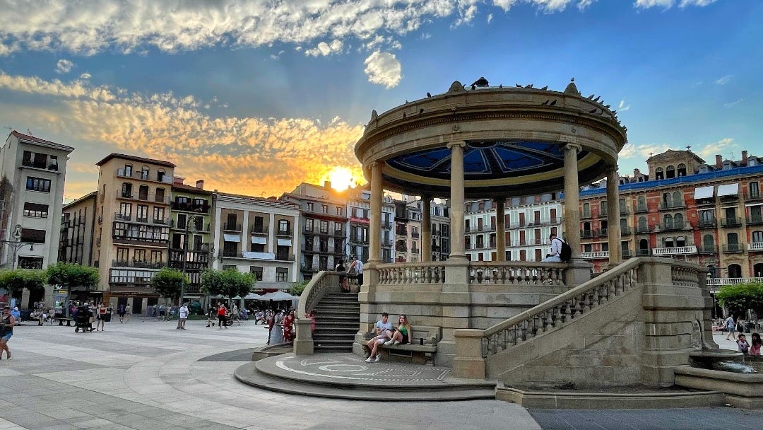 The central square of Pamplona at sunset