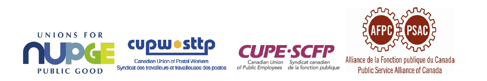 Logos: NUPGE - CUPW - CUPE - PSAC