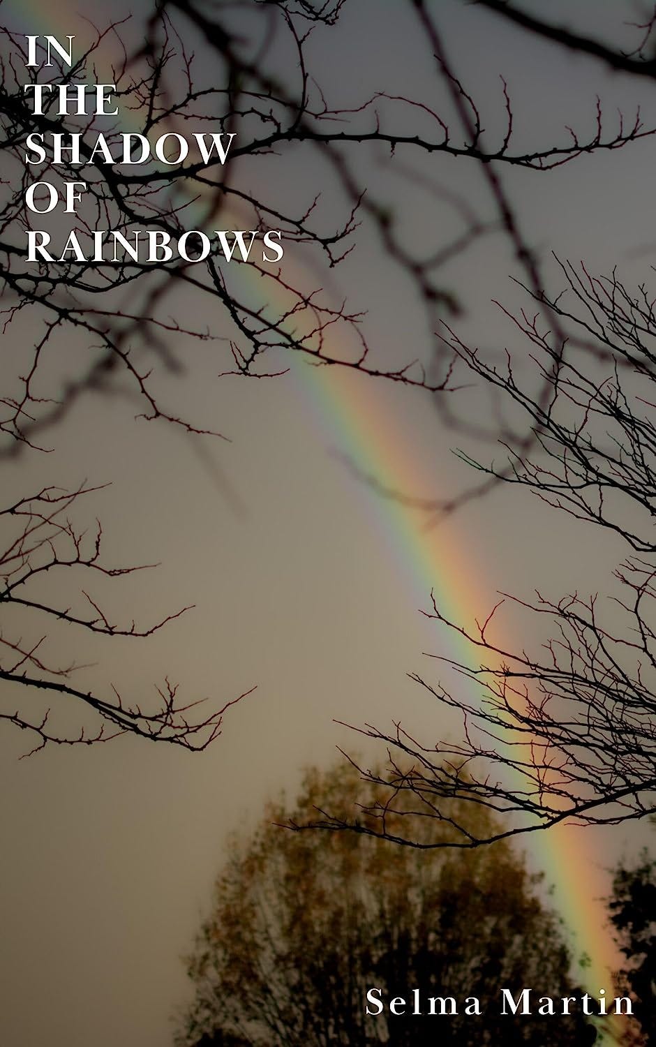 Book cover of In the Shadow of Rainbows by Selma Martin. The photo cover shows a rainbow with the atree and bare branches in the foreground.