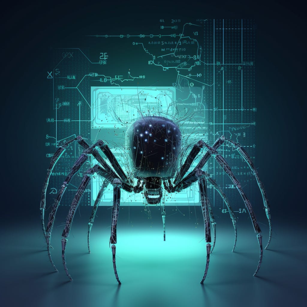 a digital gatekeeper with 10 arms, analyzing and filtering content generated by an AI system, symbolized by a larg computer screen displaying text, 3d vector art realism