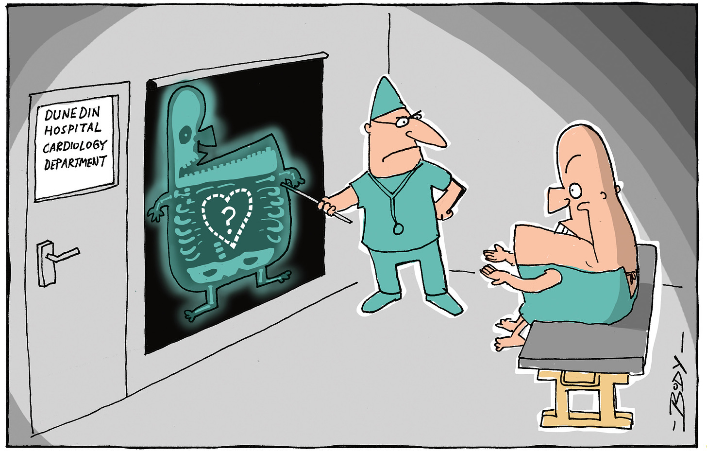 Cartoon by Guy Body of Christopher Luxon being shown an x-ray in the Dunedin Hospital Cardiology Department and it doesn't show a heart.