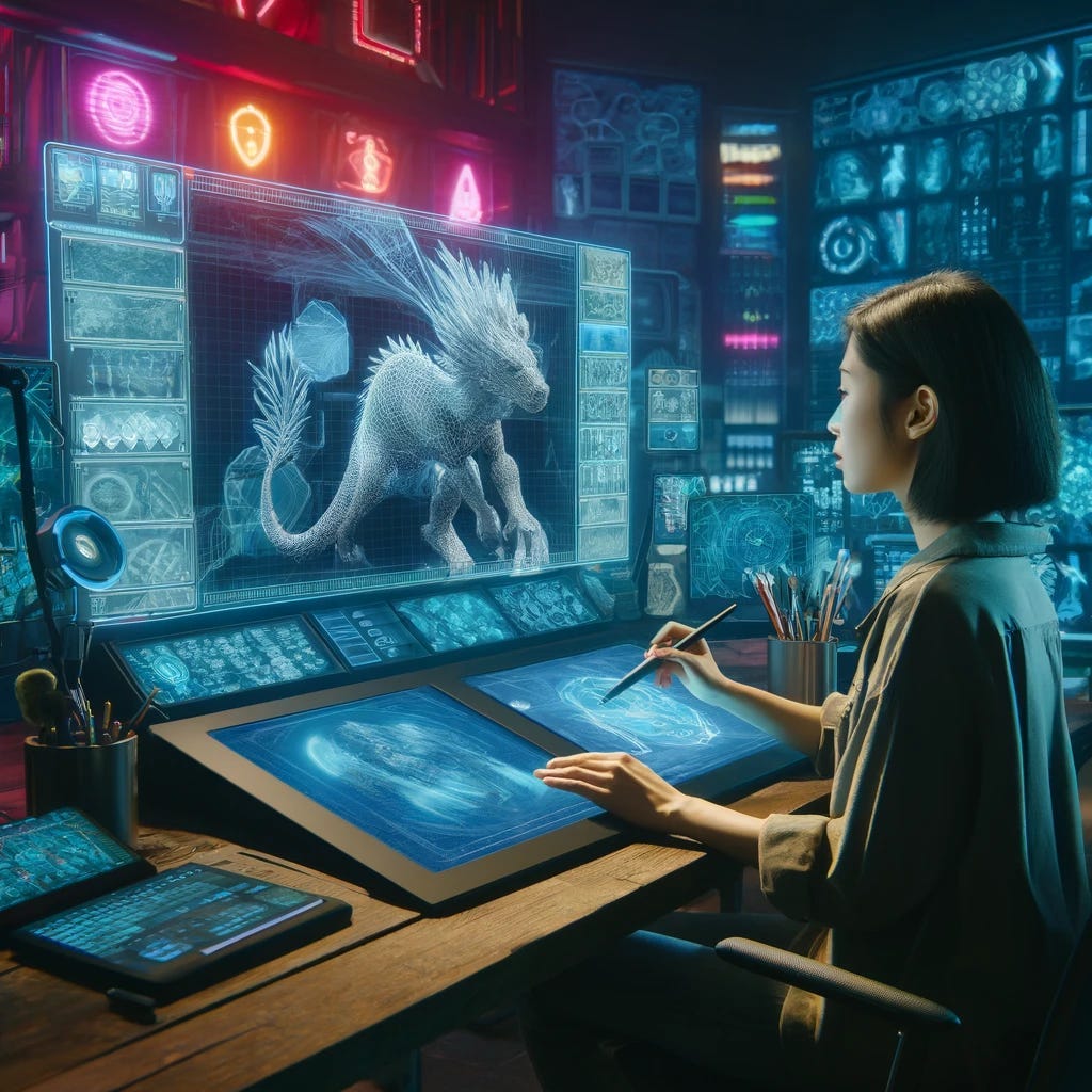 A digital artist, a young woman, focuses intently on a holographic screen displaying a 3D model of a dragon in a futuristic studio filled with advanced technology. The studio is aglow with vibrant LED lights, enhancing the dynamic and creative atmosphere.