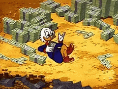 Scrooge McDuck happily counting money