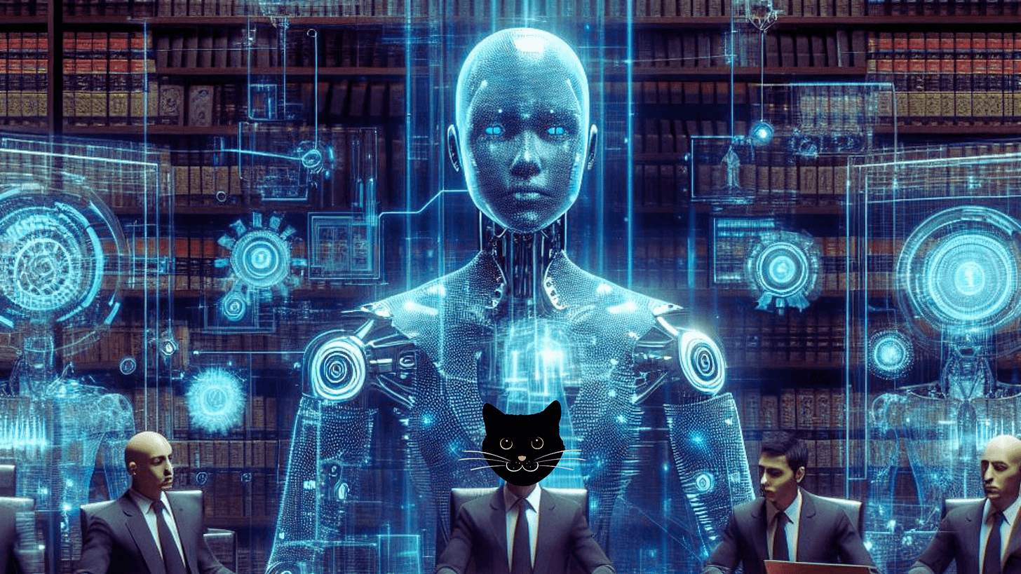 Image of giant humanoid robot, humanoid cat and three lawyers.