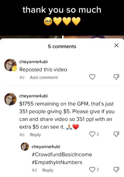 TikTok comment section showing how close a Go Fund Me goal is to being met with microdonations and empathy in numbers.