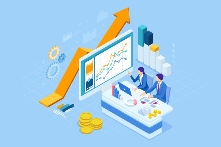 Isometric web business concept of financial administration, accounting, analysis, audit, financial report. Auditing tax process. Documents, graphics, charts, planner calendar report