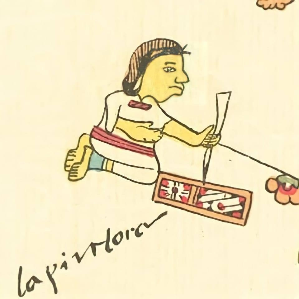 An illustration of a mesoamerican woman kneeling before a rectangular parchment painted in red and black, with a long brush in her hand. An illustration of a mesoamerican woman kneeling before a rectangular parchment painted in red and black, with a long brush in her hand.
