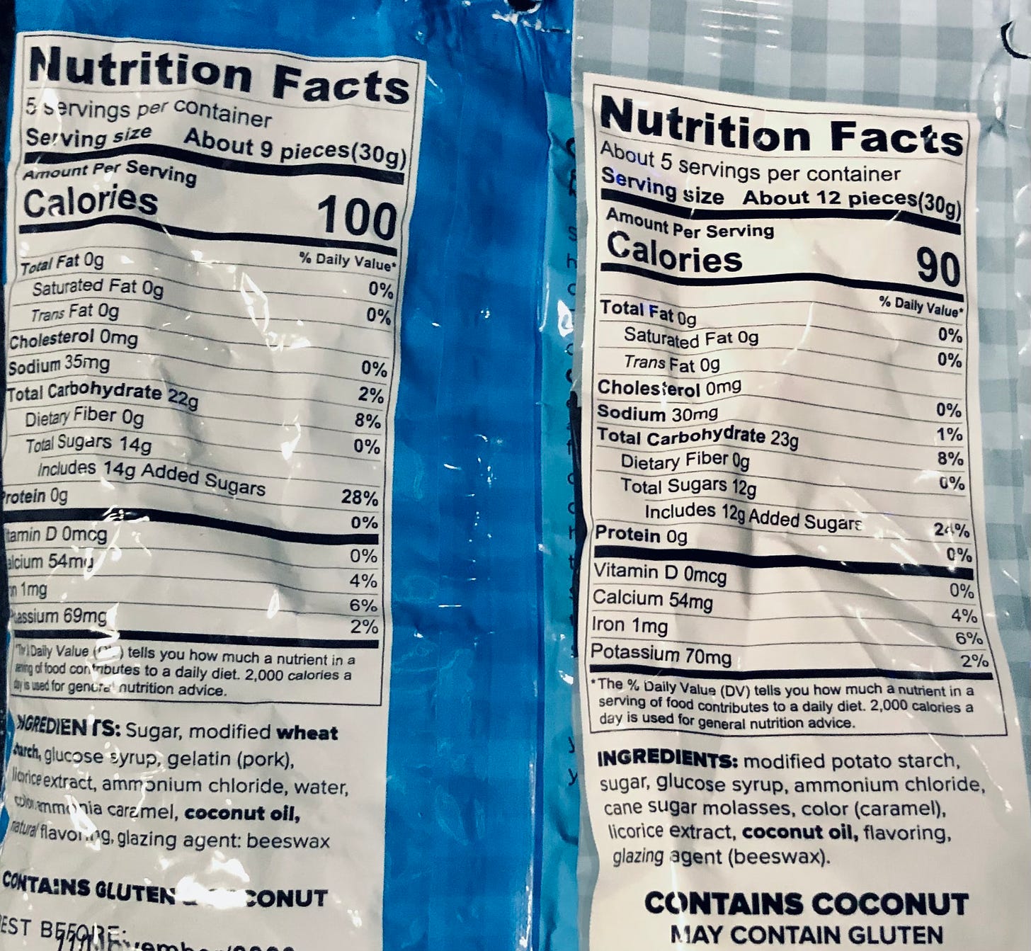 Nutrition labels for lightly salted and double salted Gustaf's licorice. The lightly salted has 35 mg of sodium, and the double has 30 mg, for the same 30 g of candy. The ingredients for each one list ammonium chloride, but no salt. 