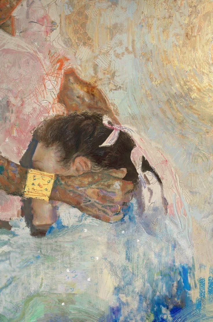 This may contain: an oil painting of a woman with her head in the water, wearing a yellow tag