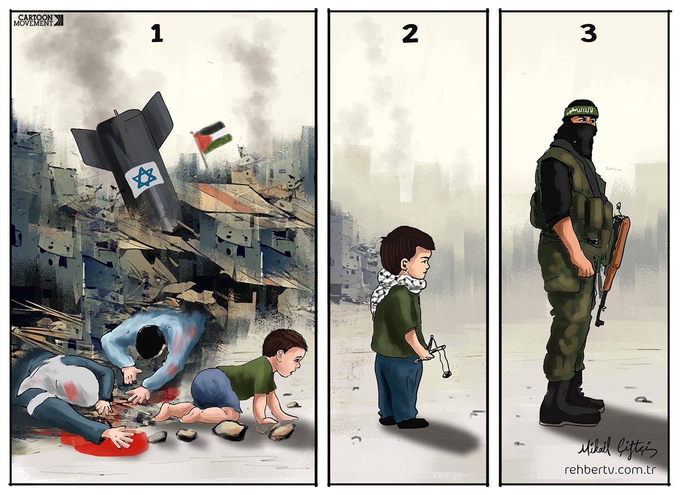Three-panel cartoon showing a young child losing his parents to an Israeli missile in the first panel. In the second panel we see him growing up with a catapult in his hand, fighting Israel. In the third panel, he has become a fighter for Hamas.