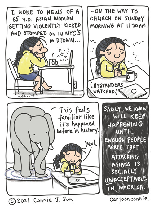 New Wave Of Violence Against Asian Americans, Page 1 Journal comic about recent violent hate crimes against Asians in America, by Connie Sun, cartoonconnie