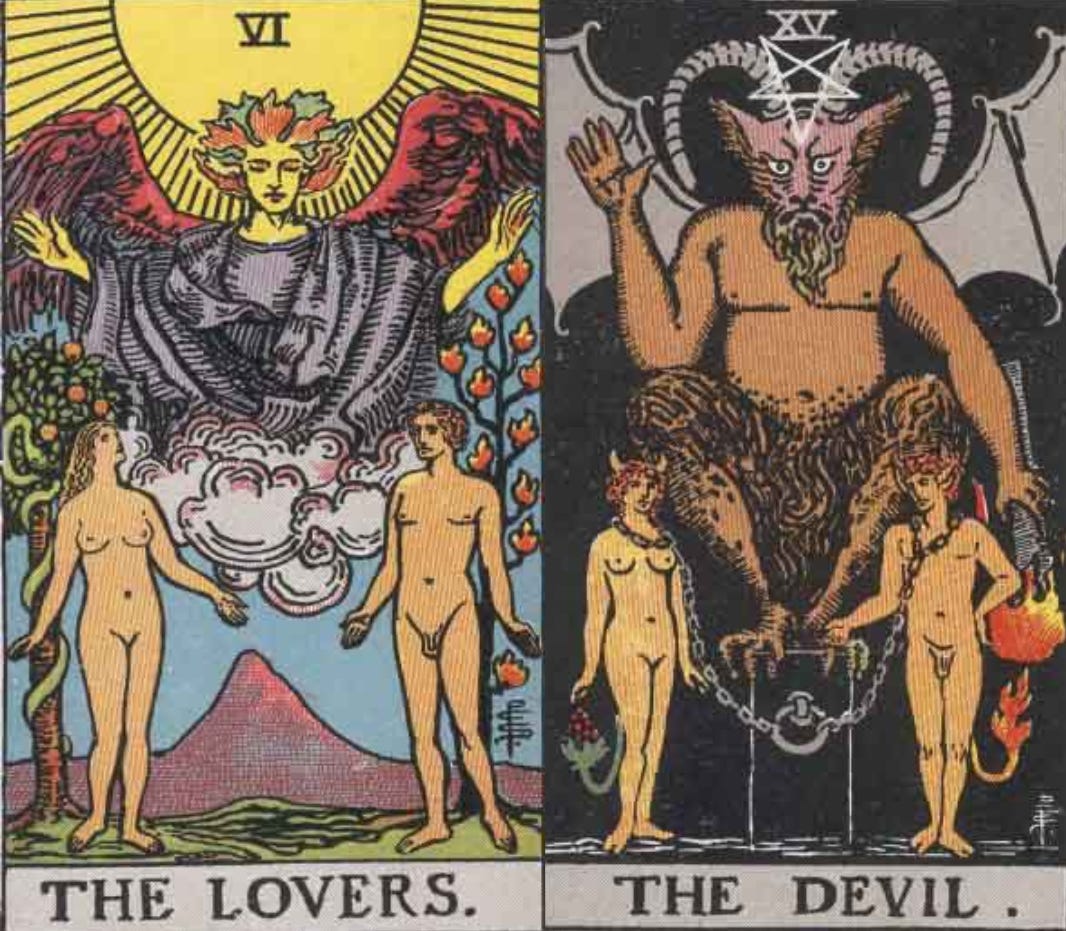 The Lovers and the Devil from the Smith-Waite Deck