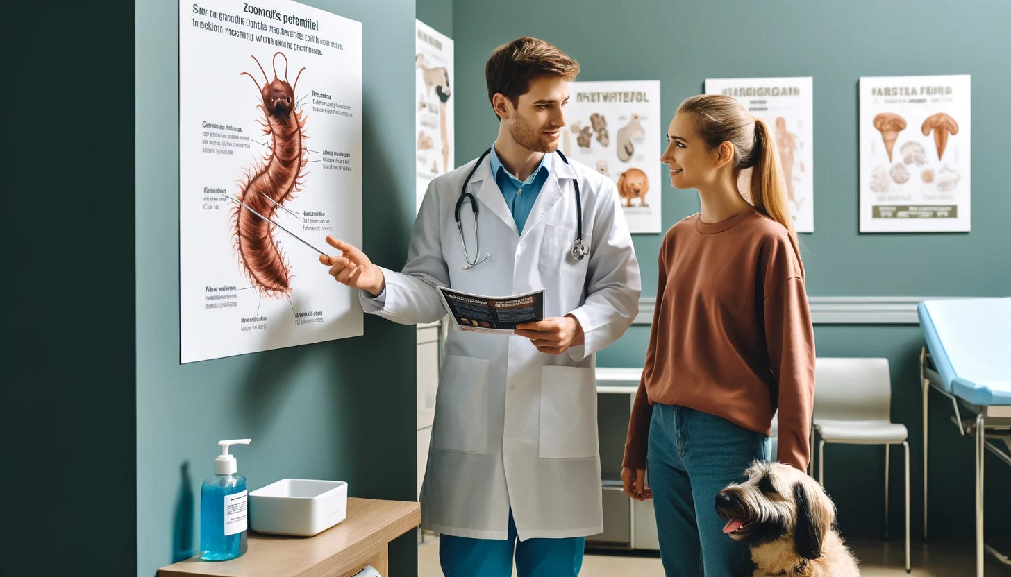 A veterinarian educating a pet owner in a clinic about the zoonotic potential of giardiasis. The vet is holding a pamphlet and pointing to a diagram showing the Giardia parasite. The pet owner, who has a dog on a leash, listens attentively. The clinic has posters on the wall about pet health, and there is a hand sanitizer station nearby. The scene is clean, well-lit, and professional, emphasizing the importance of hygiene and regular veterinary check-ups.