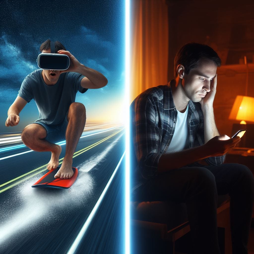 a picture split in half with a man surfing on the internet superhighway in VR goggles on the left and a guy blearily scrolling on his iPhone in a sad darkened apartment on the right