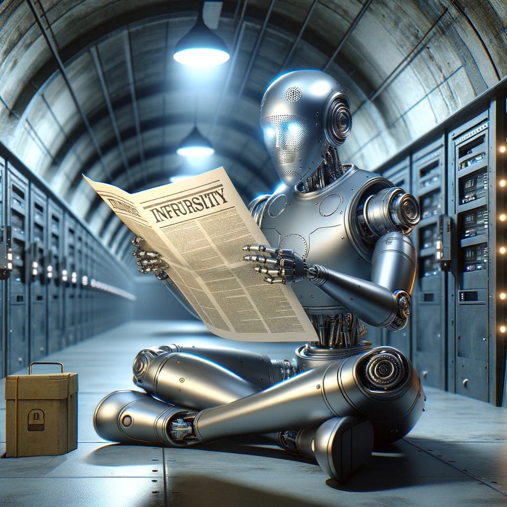 A robot sitting comfortably inside a secure, well-lit bunker, reading a newspaper. The bunker is equipped with advanced security features, including thick, reinforced walls and secure entry points visible in the background. The robot has a metallic body with humanoid features, and it holds the newspaper with both hands, showing an appearance of focus and interest in the content. The setting combines elements of modern technology and classic security, illustrating a serene moment of information gathering in a place designed for utmost safety.