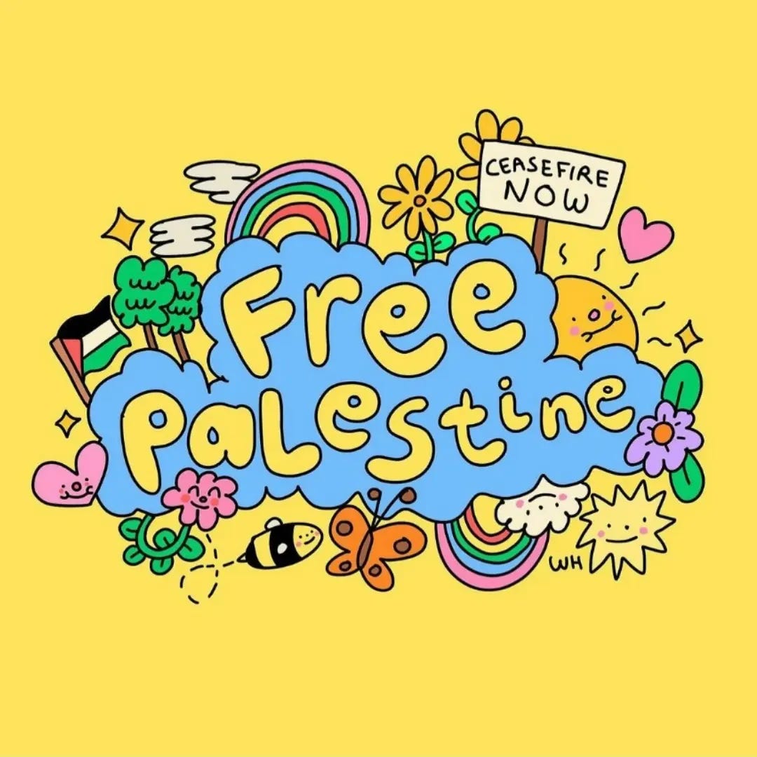 An illustration centers around the words "Free Palestine," with flowers, trees, a happy smiling sun, and other bright, optimistic details.