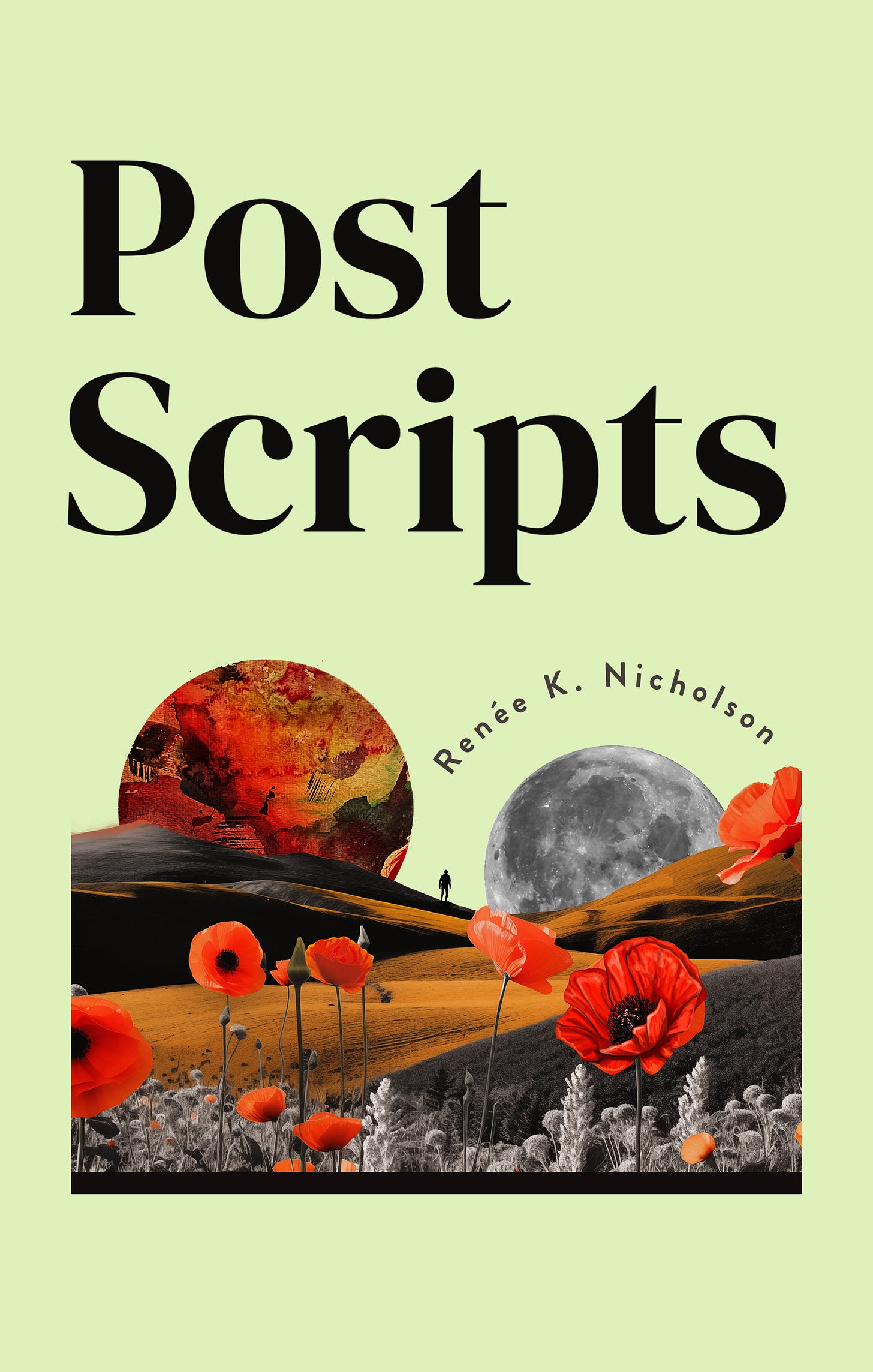 Book cover for *Postscripts*, which is light green background, with red- orange elements and some black and white.  highlight