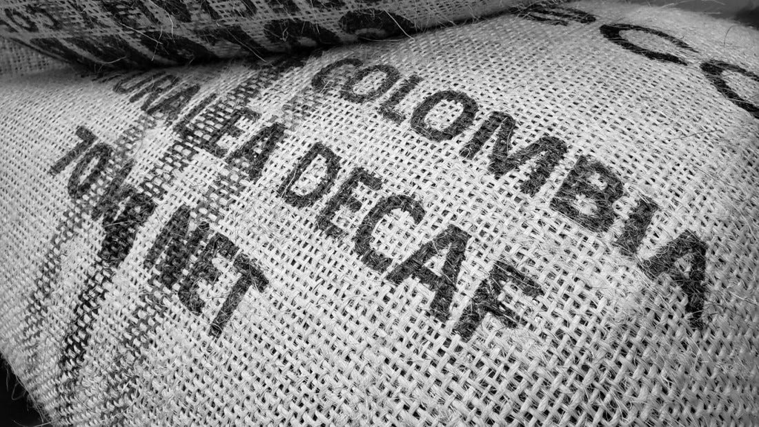Closeup of a 70kg sack of Colombian decaf coffee