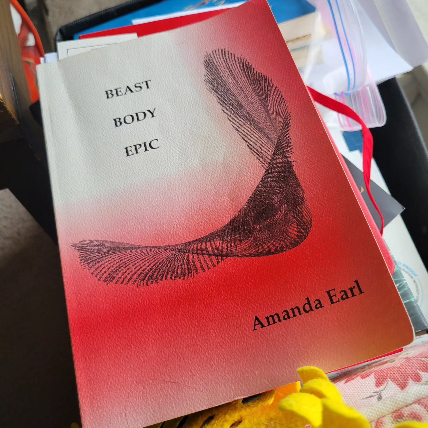 Beast Body Epic/Amanda Earl & a visual poem in black on a red and white book, a pile of books beneath