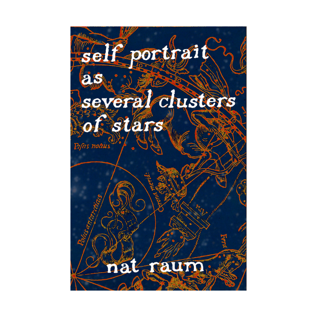 The cover of self portrait as several clusters of stars by nat raum, which features a blue and orange astrological map.