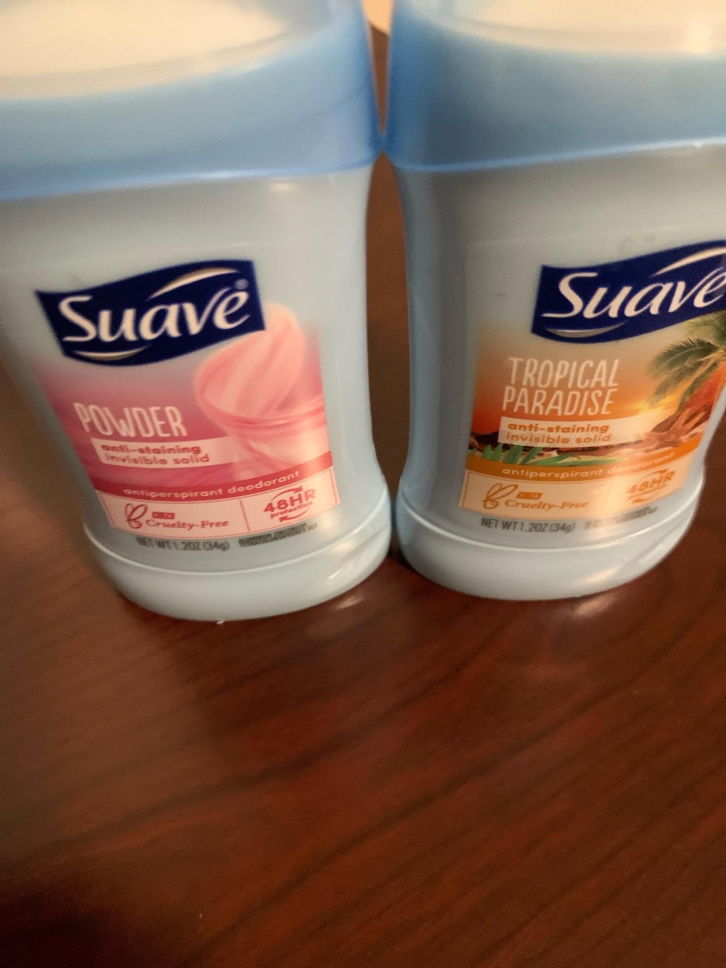 two sticks of Suave deodorant