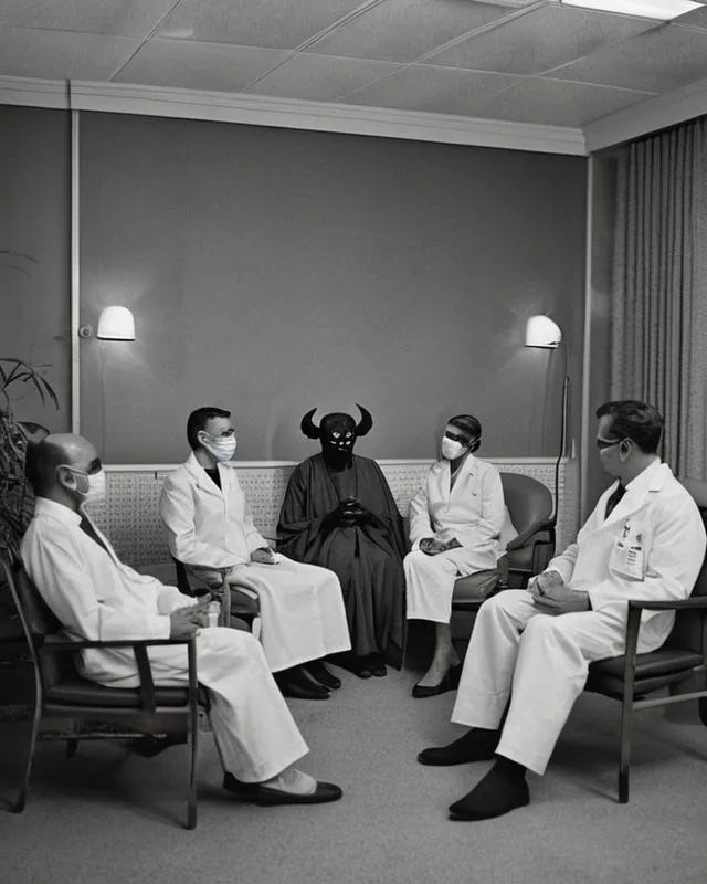 Black and white image of a person in a demon costume with four doctors wearing surgical masks in a therapy type setting.