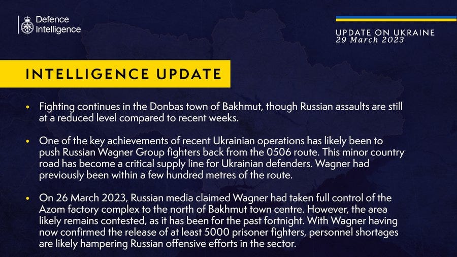 Latest Defence Intelligence update on the situation in Ukraine - 29 March 2023.