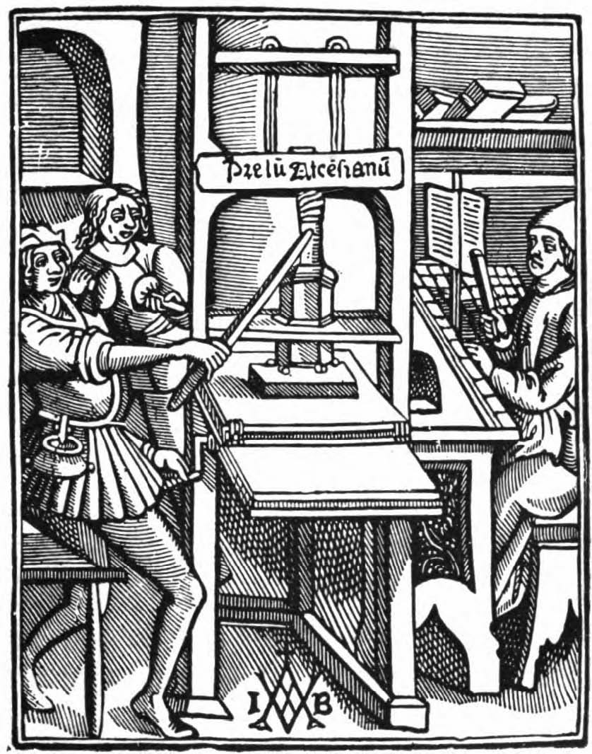 Another woodcut printer's mark of the Prelum Ascensianum ("press of Ascensius") in 1508.[7]