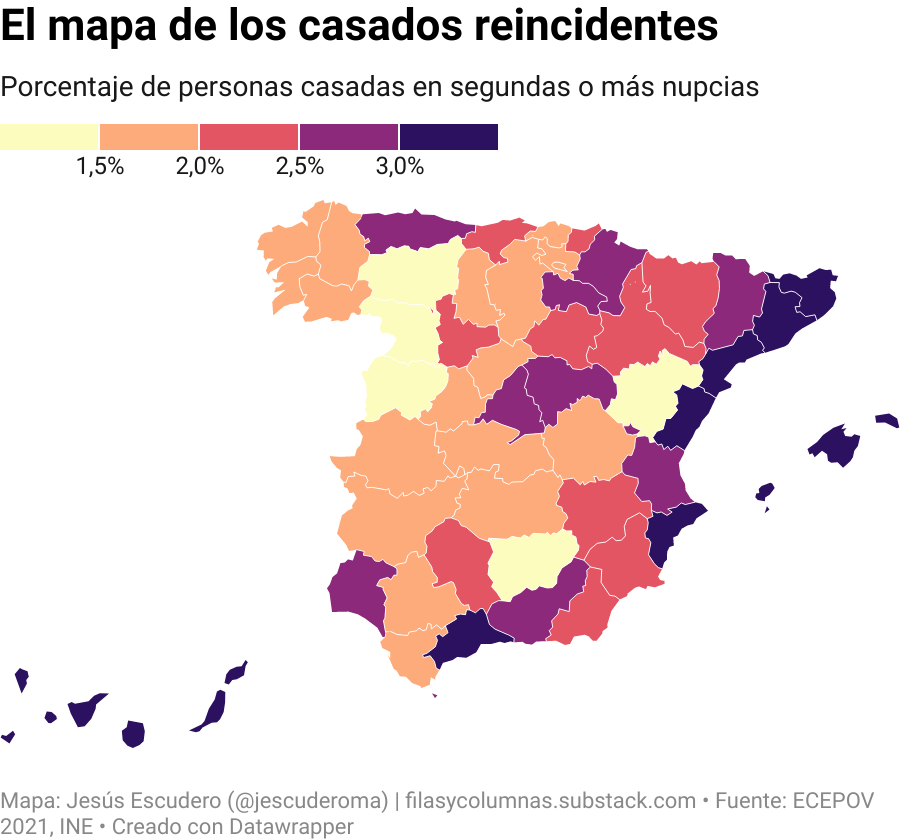 Mapa provincia que muestra el porcentaje de personas casadas en segundas o más nupcias. Las provincias mediterráneas y los dos archipiélagos registran los valores más elevados; Salamanca, Zamora, León, Jaén y Teruel, los porcentajes más bajos.