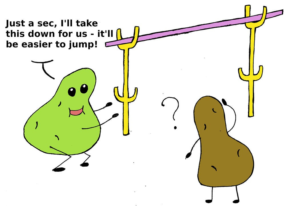 Cartoon of potato lowering the bar.