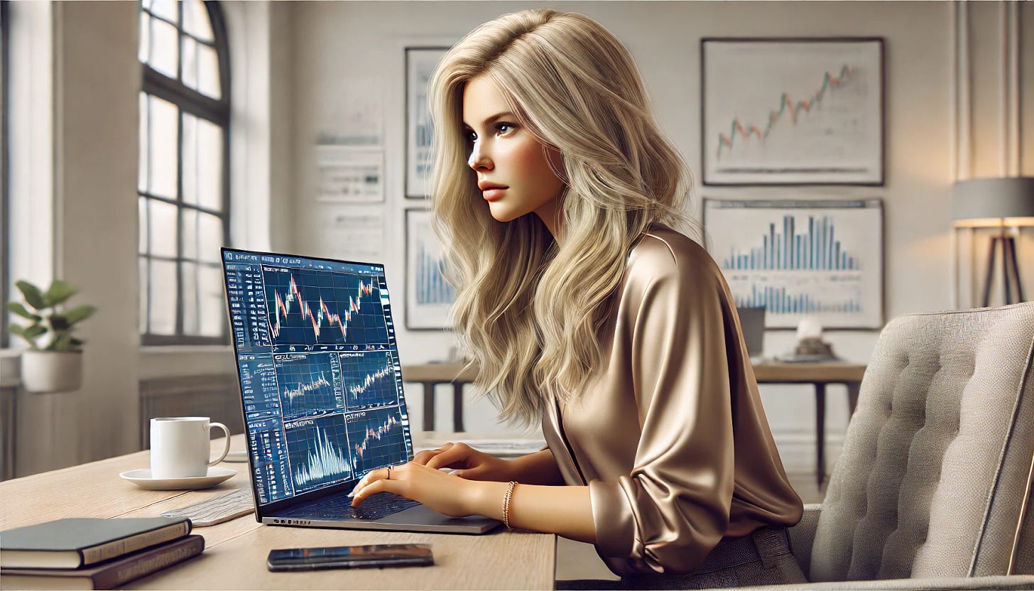 A detailed and realistic image of a pretty blonde woman sitting at a desk with a laptop in front of her, focused on researching her stocks ahead of earnings. The point of view is from her side and slightly behind her, so we can see her looking directly at the laptop screen with multiple financial charts and stock data displayed. She is wearing a casual yet stylish outfit that fully covers both shoulders, such as a blouse or sweater. The setting is modern, with a clean, minimalist office or home office environment, well-lit with natural light coming through a window. The background includes a few subtle elements like a coffee cup and a notebook, emphasizing a productive and focused atmosphere.