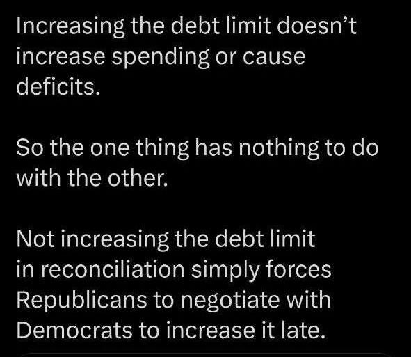 May be an image of text that says 'The Reckon... @sethjlevy Subscribe This argument is so insincere. Increasing the debt limit doesn't increase spending or cause deficits. So the one thing has nothing to to do with the other. Not increasing the debt limit in reconciliation simply forces Republicans to negotiate with Democrats to increase it late.'