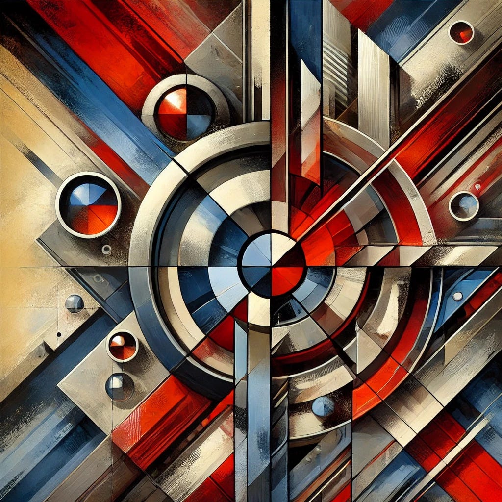 An abstract painting representing geopolitical tension and military strategy. The composition includes bold, overlapping shapes in red, blue, and gray, symbolizing opposing forces. Sharp angles and jagged lines create a sense of conflict, while layered textures suggest complexity and depth. The use of circular elements hints at global influence and strategic maneuvering. The artwork conveys urgency, uncertainty, and power struggles through dynamic brushstrokes and contrasting warm and cool tones.