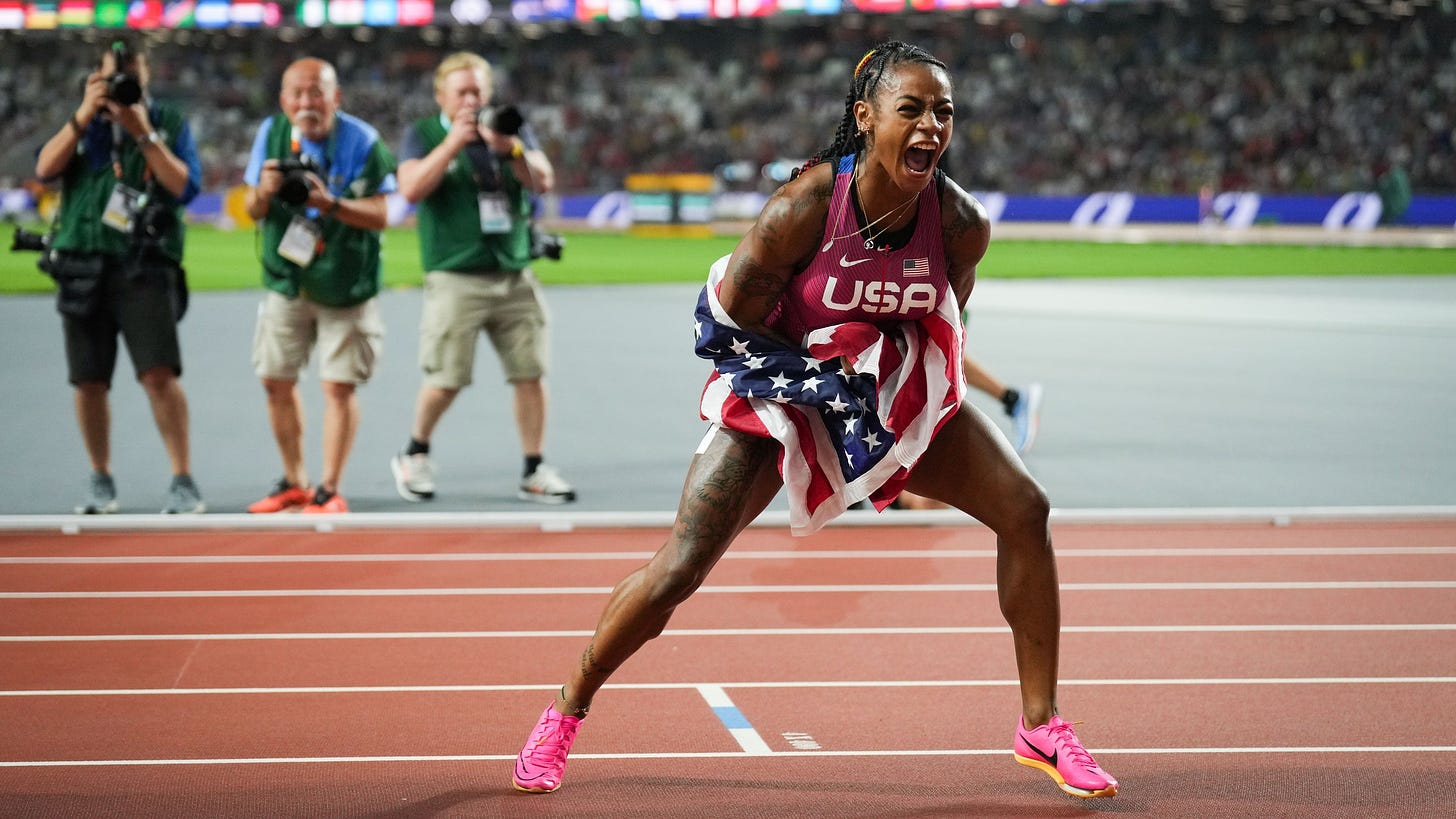 Sha'Carri Richardson of the United States celebrates after the Women's 100m Final of the World Athletics Championships...