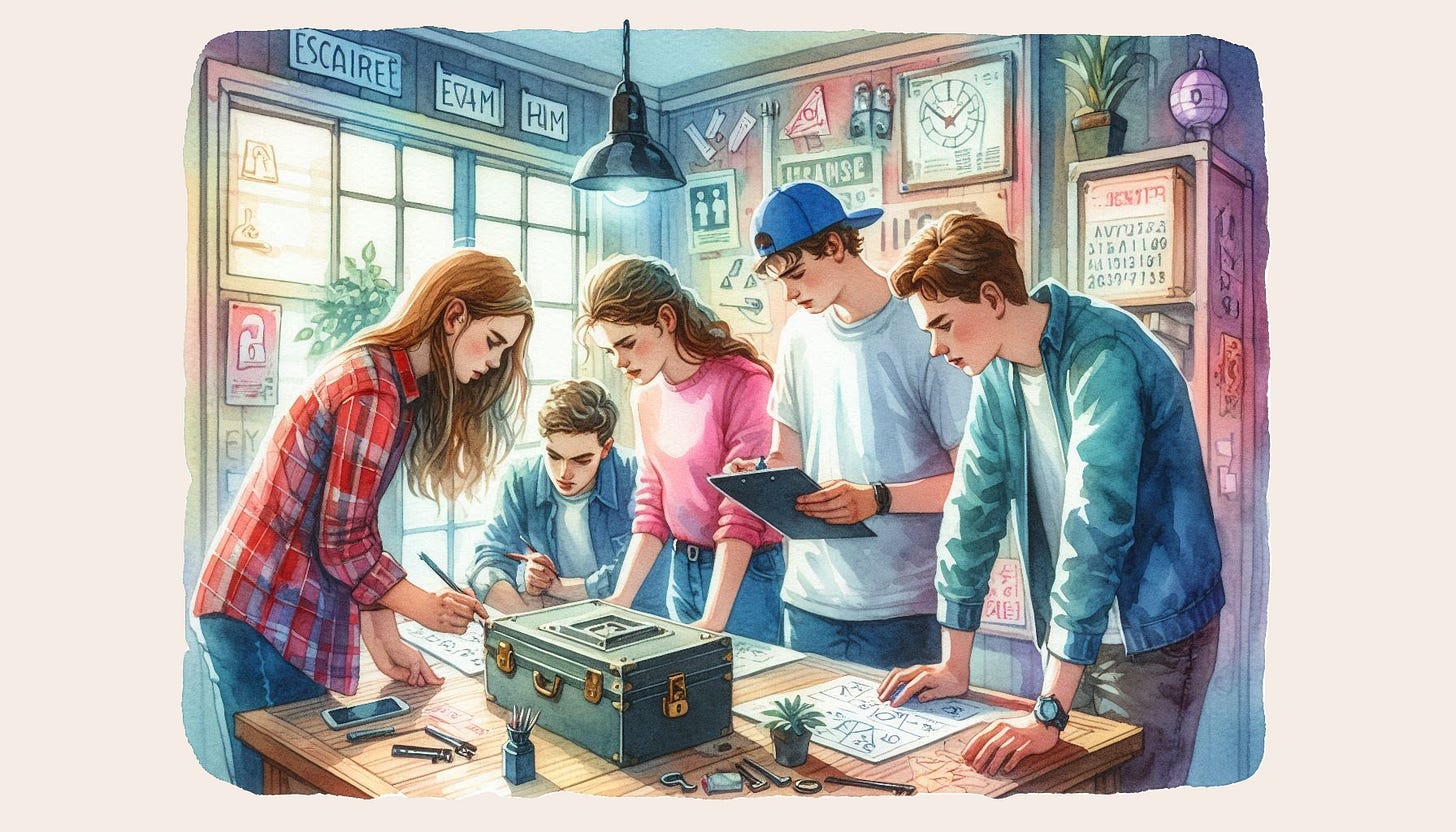 An illustration of teenagers solving puzzles in an escape room.