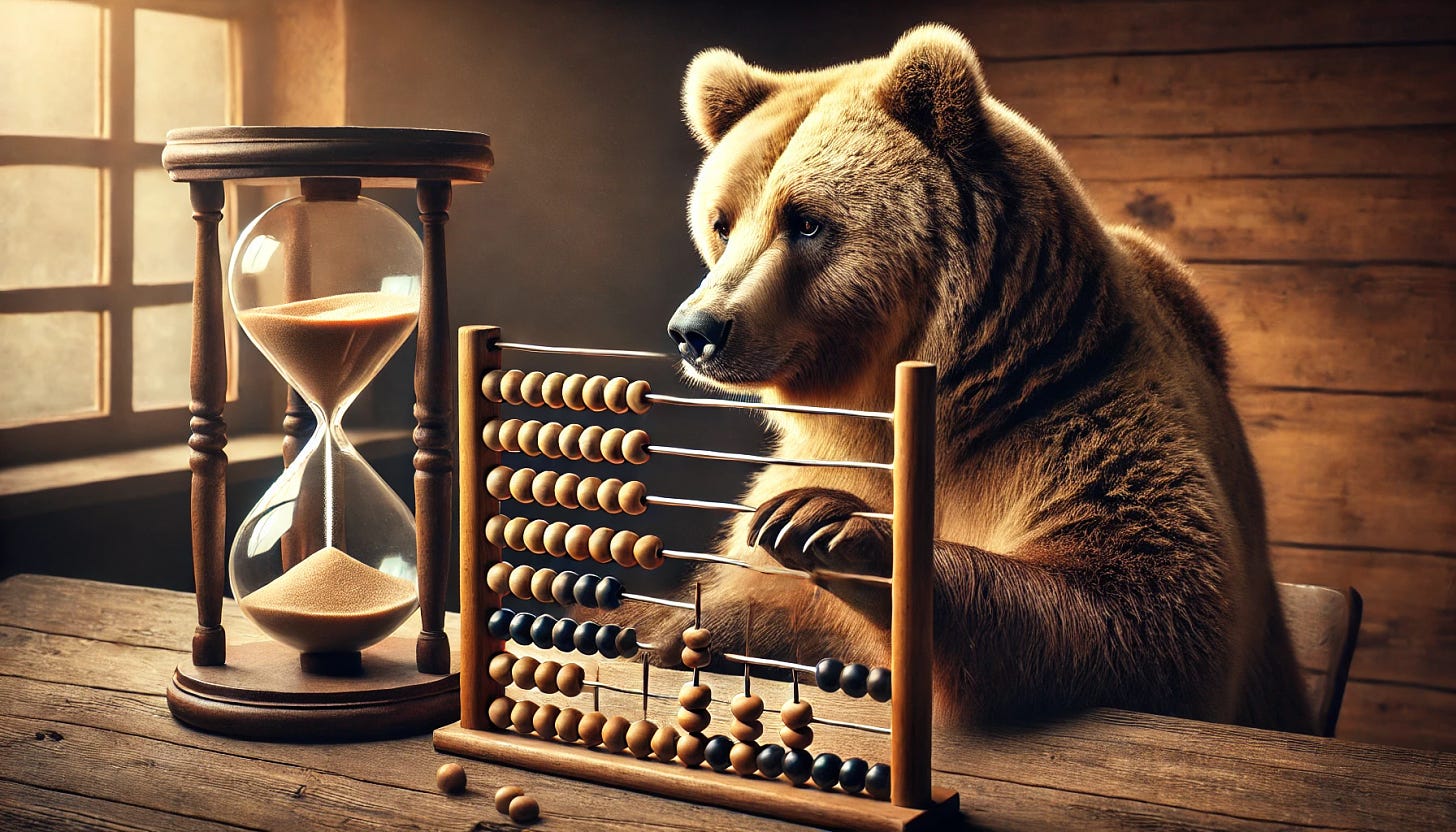 A grizzly bear using an abacus, sitting next to an hourglass. The bear is focused on counting the beads, with large paws carefully moving them along. The hourglass is tall and elegant, with sand flowing through it, representing the passage of time. The setting is a rustic wooden table, and the bear is surrounded by a warm, natural environment like a cozy study or cabin. The lighting is soft, highlighting the bear's fur and the wooden beads of the abacus. The scene is calm and contemplative.