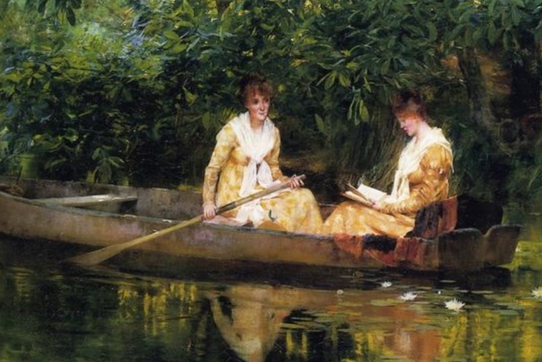 "Women Reading," an Impressionist-style painting by Francis Coates Jones that depicts just one woman reading while the other indifferently holds the oar of a very tiny boat.