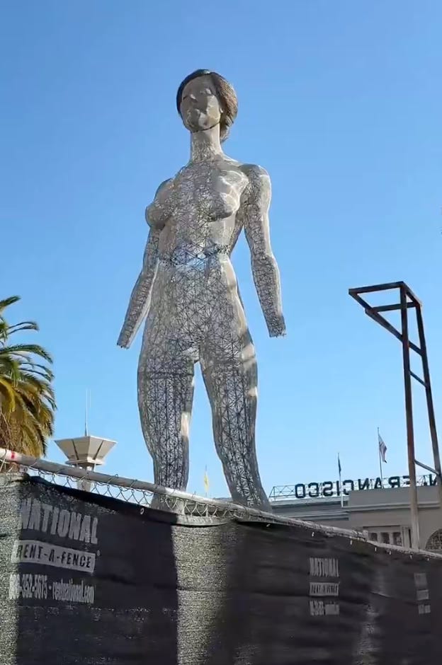 The R-Evolution statue is seen at Embarcadero Plaza in San Francisco on April 9, 2025, in advance of its public unveiling on April 10.