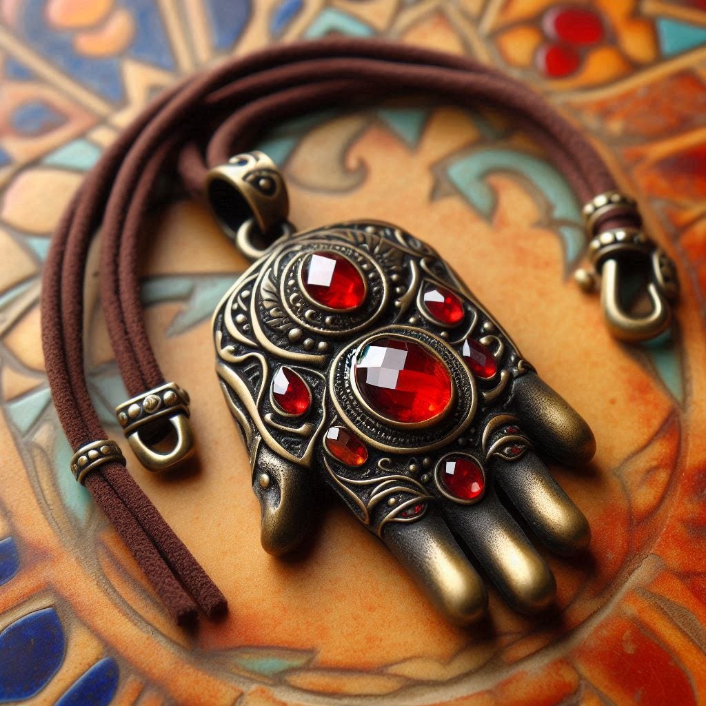 An amulet in the shape of the mano cornuta on a leather cord, with red gems on it, on a background of terrazo